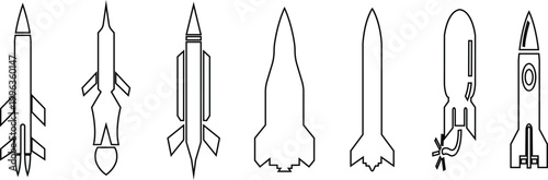 Rocket missile space launch vehicle icon set collection group in black line style featuring rocket, missile, spacecraft, booster, launch synonym elements for aerospace, military and technology design