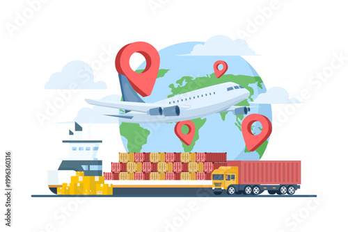 Flat vector of global logistics service, representing cargo export import, shipping management, supply chain system, international trade, freight transport, and distribution network concept.