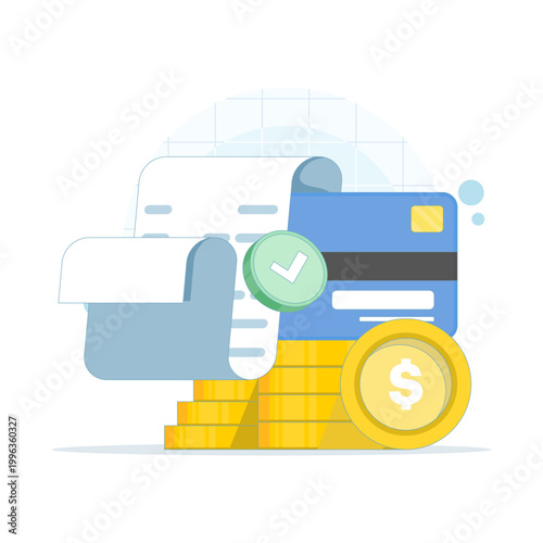 Illustration of receipt and debit card, showing payment transaction, digital finance, purchase proof, cashless payment method, banking system, and modern fintech concept.