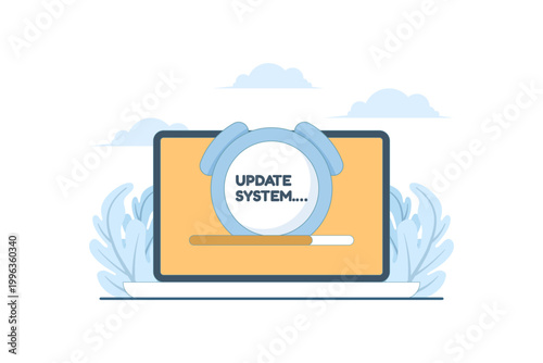 Digital illustration of laptop and alarm clock, showing update process, productivity concept, time management system, deadline reminder, and modern technology workflow in creative vector style.