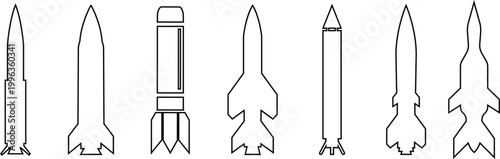 Rocket missile space launch vehicle icon set collection group in black line style featuring rocket, missile, spacecraft, booster, launch synonym elements for aerospace, military and technology design