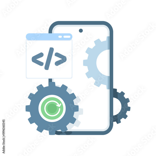 Application under maintenance illustration, representing system upgrade, temporary downtime, software update process, server optimization, and IT support for improved performance and security.
