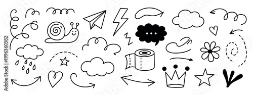 Set of hand drawn doodle featuring a snail paper airplane lightning bolt clouds speech bubble toilet paper roll flower crown stars arrows and various swirls on a white background