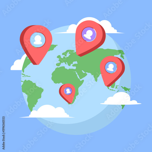 Connected world concept illustration, representing global network, online communication, internet connectivity, digital interaction, worldwide communication system, and modern technology network.