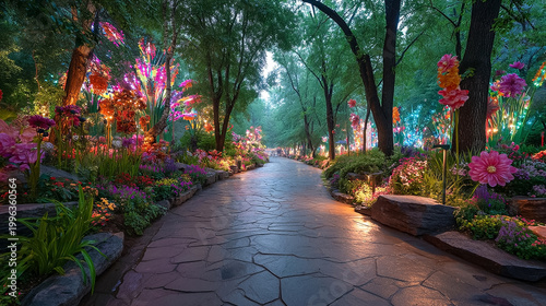 Enchanting twilight garden pathway with glowing artificial flowers and vibrant LED lighting, magical botanical park trail, whimsical nature landscape for romantic evening walks and event background