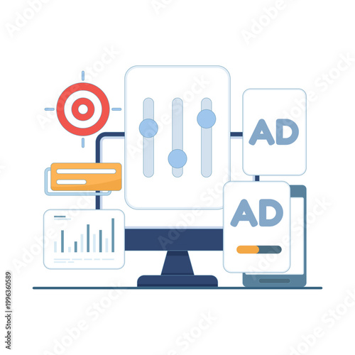 Online advertising concept with campaign management and cross device targeting, symbolizing improved ad performance, marketing analytics, audience segmentation, and digital marketing strategy.