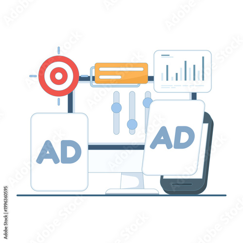 Online advertising concept with campaign management and cross device targeting, symbolizing improved ad performance, marketing analytics, audience segmentation, and digital marketing strategy.