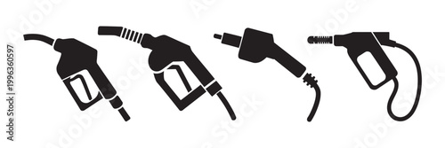 Fuel nozzle and electric charging plug silhouette set, four solid black icons, modern energy fuel and EV charging vector illustration collection