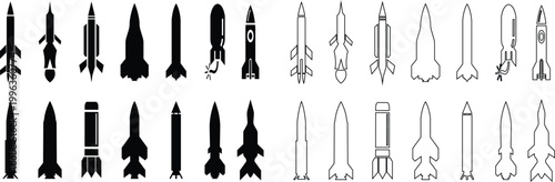 Rocket missile space launch vehicle icon set collection group in black flat and line style featuring rocket, missile, spacecraft, booster, launch synonym elements for aerospace, military and technolog