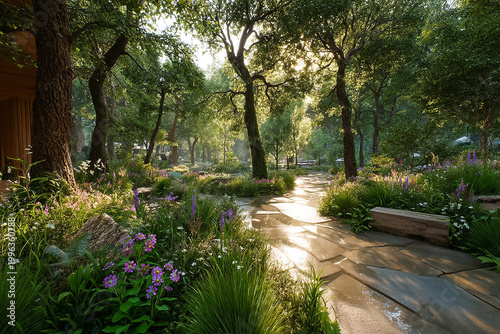 Tranquil garden scene with a stone path through lush greenery and blooming wildflowers, bright morning sunlight filtering through the trees, perfect for wellness and nature-themed marketing.