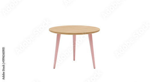 Round wooden side table with three pink legs as transparent object