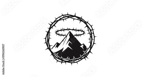 Mountain landscape with barbed wire circle.