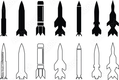 Rocket missile space launch vehicle icon set collection group in black flat and line style featuring rocket, missile, spacecraft, booster, launch synonym elements for aerospace, military and technolog