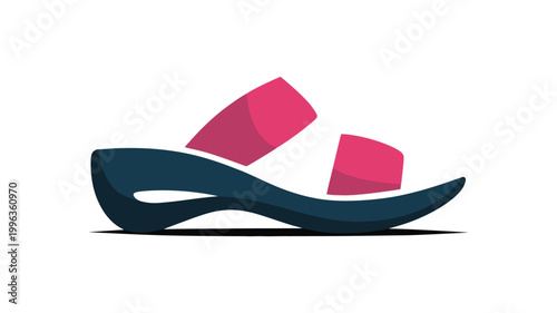 Modern sandal footwear design with pink straps on dark curved sole isolated on white background.
