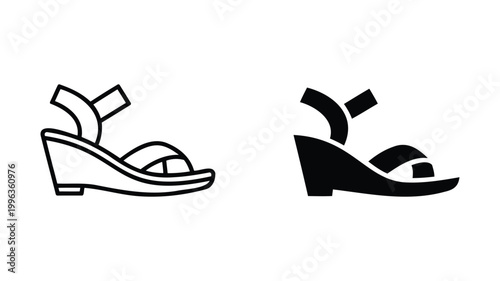 Outline and solid silhouette of wedge heel sandal on white background.