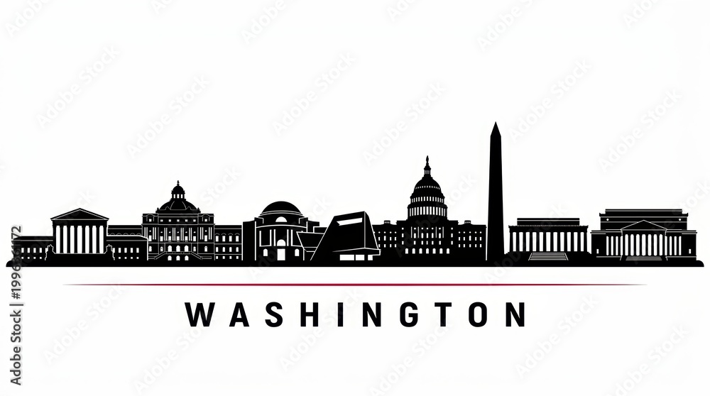 Obraz premium A horizontal banner featuring the Washington city skyline, depicted as a black-and-white silhouette, presented as a vector template for design use.