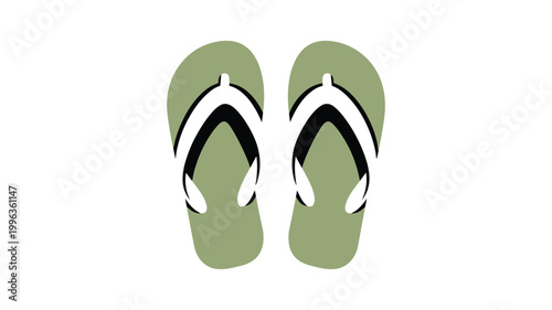 Pair of light green flip flops with white and black straps on white background.