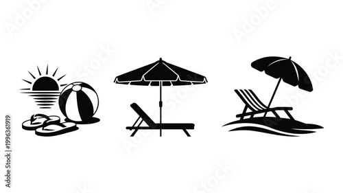 Silhouette set of beach and vacation icons including sun beach ball chairs and umbrella.