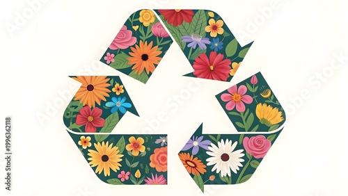Beautiful recycle symbol filled with vibrant assorted colorful flowers and lush green leaves to represent natural sustainability and environmental conservation in artistic graphic design