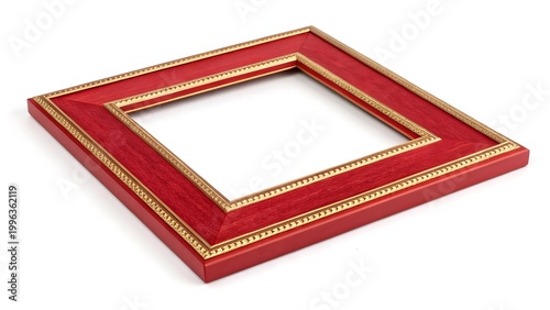 Empty ornate red and gold picture frame displayed from an angle on a clean white surface to provide space for your custom art