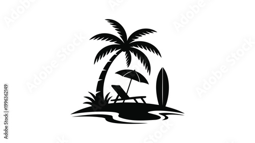 Tropical island silhouette with palm tree beach chair and surfboard.