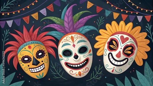 Three colorful decorated mexican sugar skull masks display festive cultural patterns for celebrating the traditional day of the dead holiday in a vibrant style