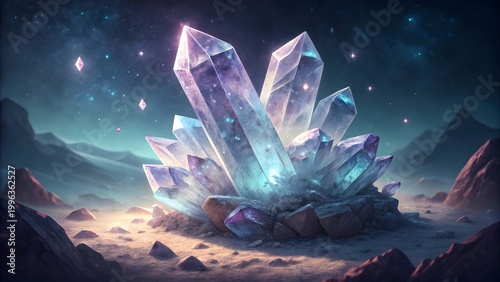 Shiny glowing purple quartz crystal formation rising from the desert ground under a dark starry sky filled with magical energy and bright light