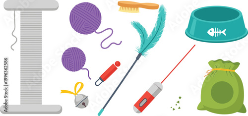 Set of Essential Cat Toy and Accessory Illustrations Featuring Scratching Post Yarn Balls Feather Wand Laser Pointer and Food Bowl for Pet Care and Feline Supplies Graphic Designs