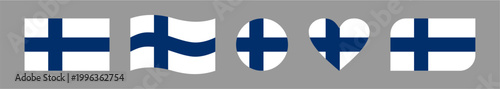 Set of five creative Finland flag vector designs featuring wavy, circular, heart-shaped, rounded-corner, and rectangular styles, symbolizing national pride and patriotic celebration