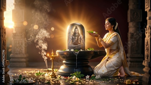 Parvati Offering Bilva Leaves to Shivalingam – Devotion