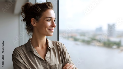 A professional woman smiles while looking out a large window at the distant city skyline capturing a moment of success and contemplation