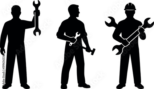 Silhouettes of three workers with wrenches
