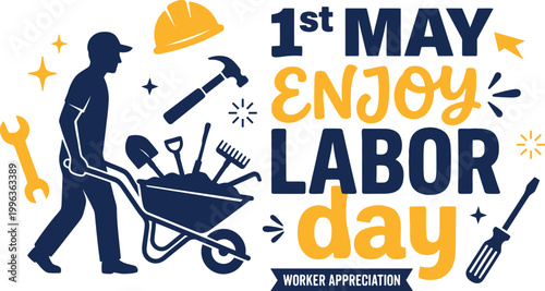 Labor day graphic with worker and tools