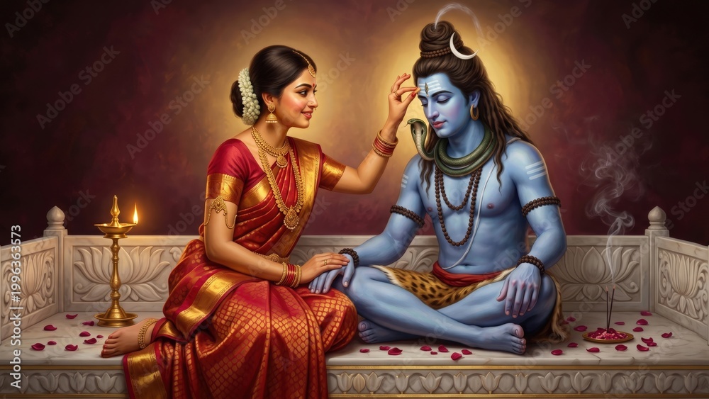 Obraz premium Parvati Applying Tilak to Shiva – Divine Ritual