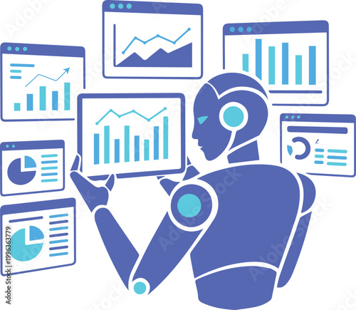 Artificial Intelligence Robot Analyzing Financial Data and Business Charts
