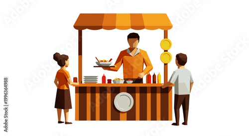 Street food vendor serving customers at outdoor stall