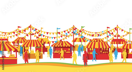 Colorful carnival tents and visitors at outdoor fair