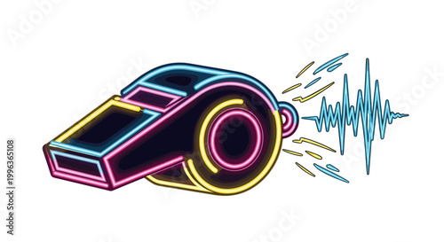 Retro boombox with sound waves and neon accents