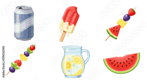 Collection of colorful summer treats and beverages