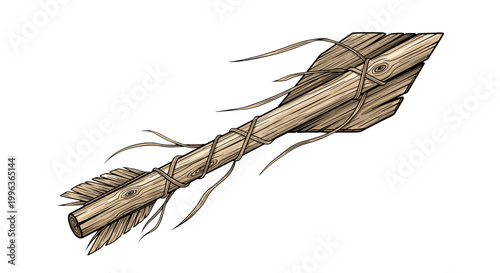 Old wooden arrow with frayed feathers