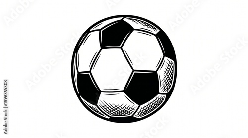 A black and white vector graphic illustration of a soccer ball isolated a white background