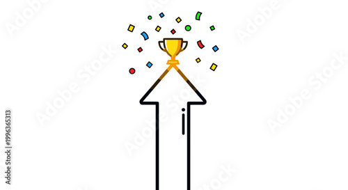 Celebration arrow pointing upward with confetti and trophy