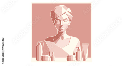 Minimalist illustration of a woman with skincare products