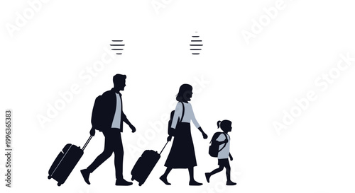 Family walking with luggage on a travel journey