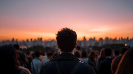A diverse group of people stand together observing the expansive city skyline bathed in the beautiful hues of dawn or dusk