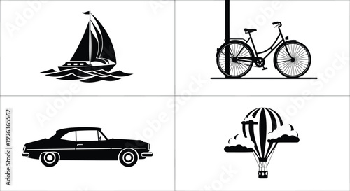 Transportation icons, vehicle symbols, sailboat, bicycle, car, hot air balloon, travel graphics