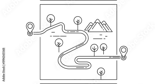 Minimalist landscape with winding road and mountains