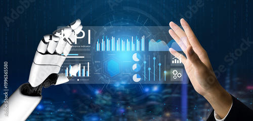 Εκτύπωση καμβά A captivating image showcasing the interaction between a robotic hand and a human hand, displaying a digital interface filled with analytics and data