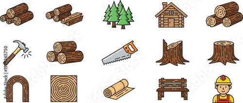 Woodworking and Lumber Vector Set Featuring Logs, Trees, Tools, and Carpentry Equipment for Construction and Crafting
