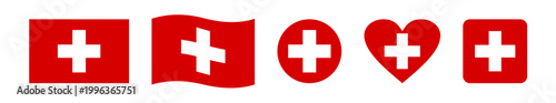 Set of five creative Switzerland flag vector designs featuring wavy, circular, heart-shaped, rounded square, and rectangular styles, symbolizing national pride and patriotic celebration